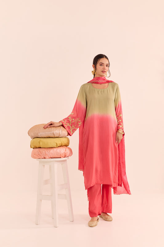 Mehr Ombre Green and Peach Kurta Set