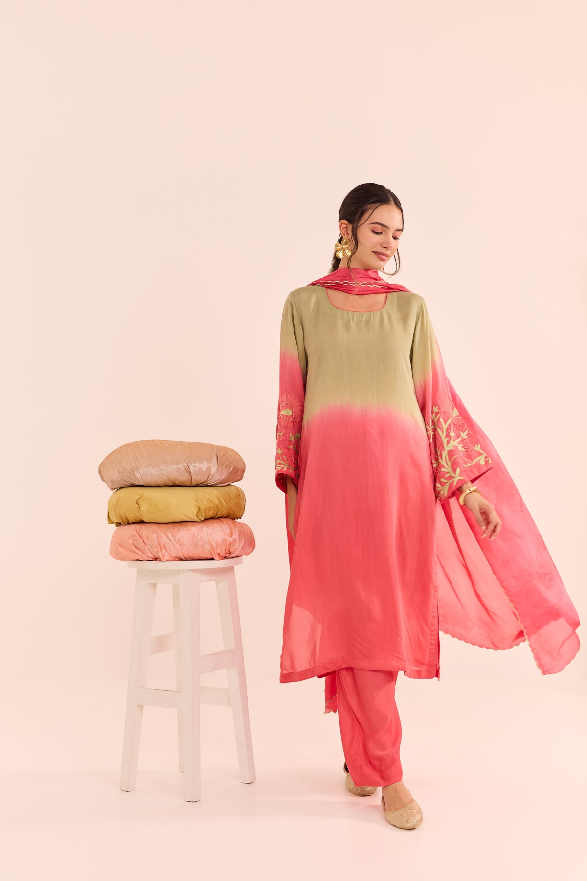 Mehr Ombre Green and Peach Kurta Set