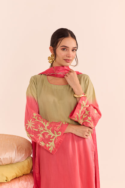 Mehr Ombre Green and Peach Kurta Set