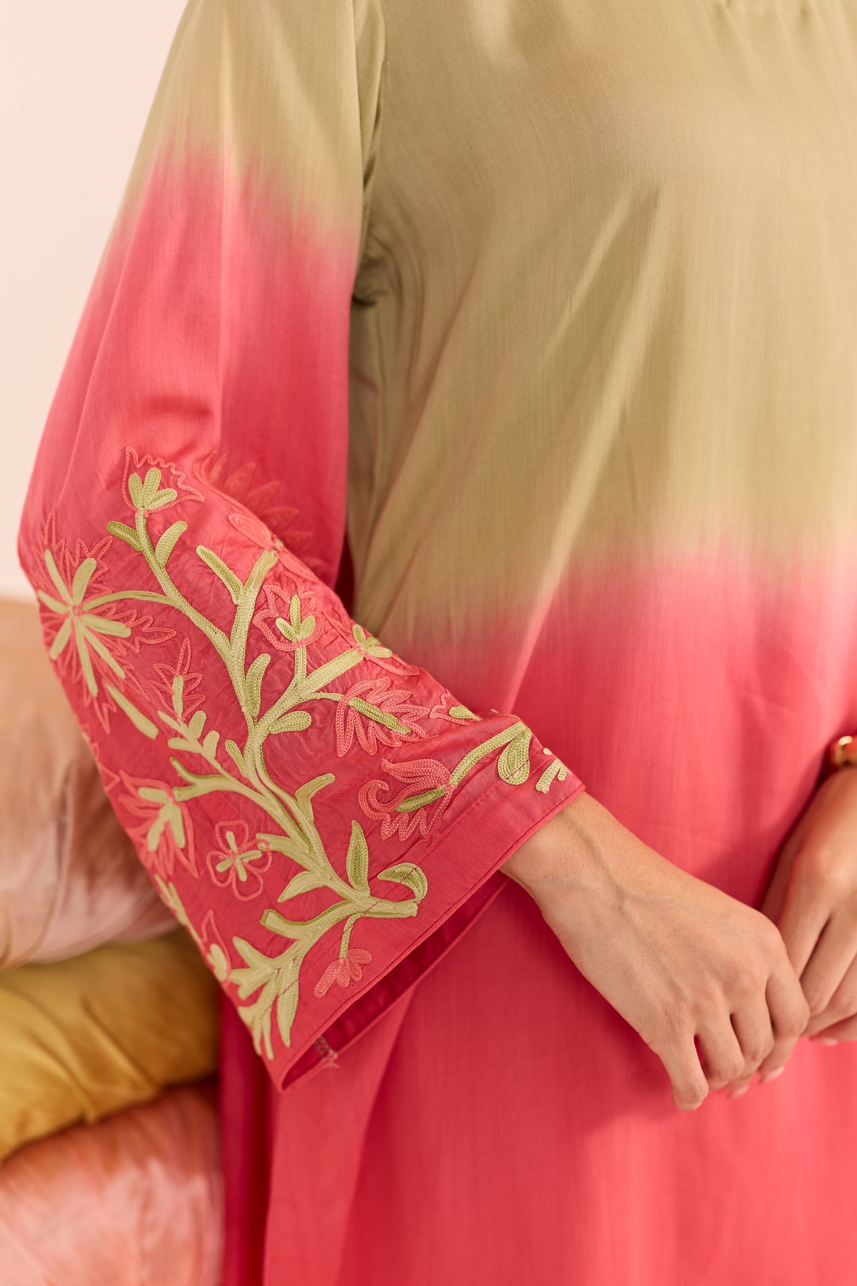 Mehr Ombre Green and Peach Kurta Set