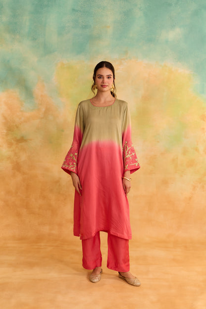 Mehr Ombre Green and Peach Kurta Set
