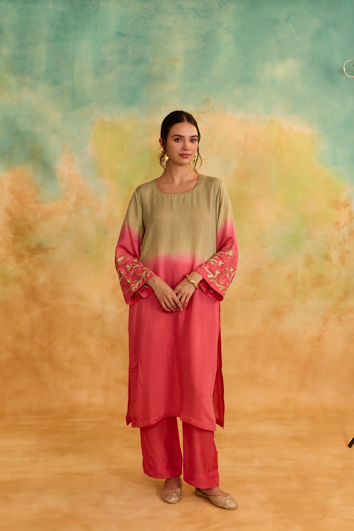 Mehr Ombre Green and Peach Kurta Set