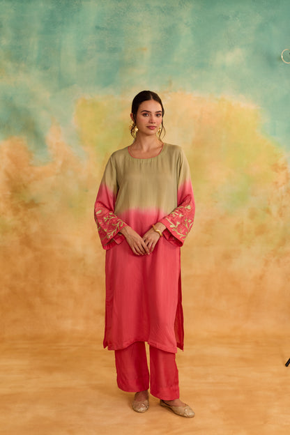 Mehr Ombre Green and Peach Kurta Set