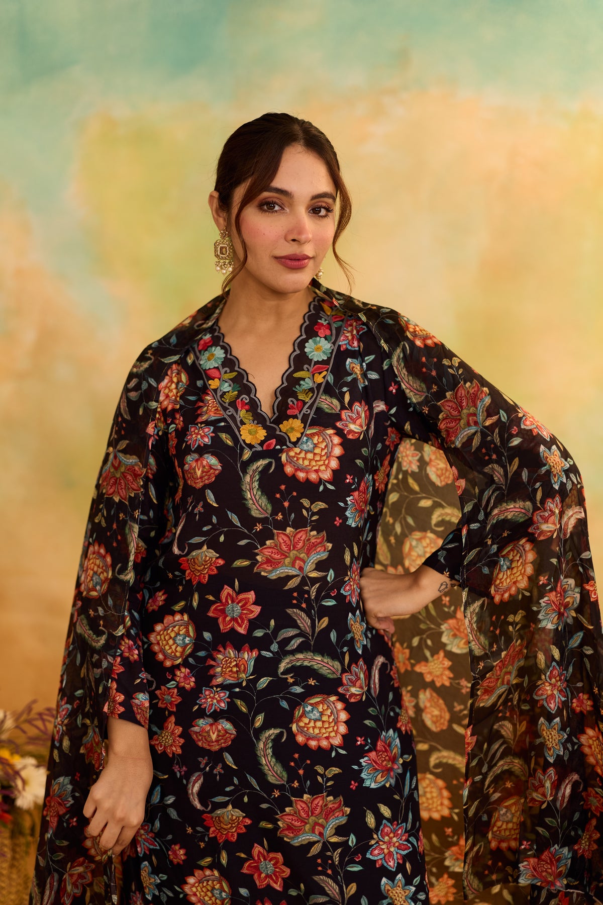 Mehr Black Printed Floral Kurta With Dupatta